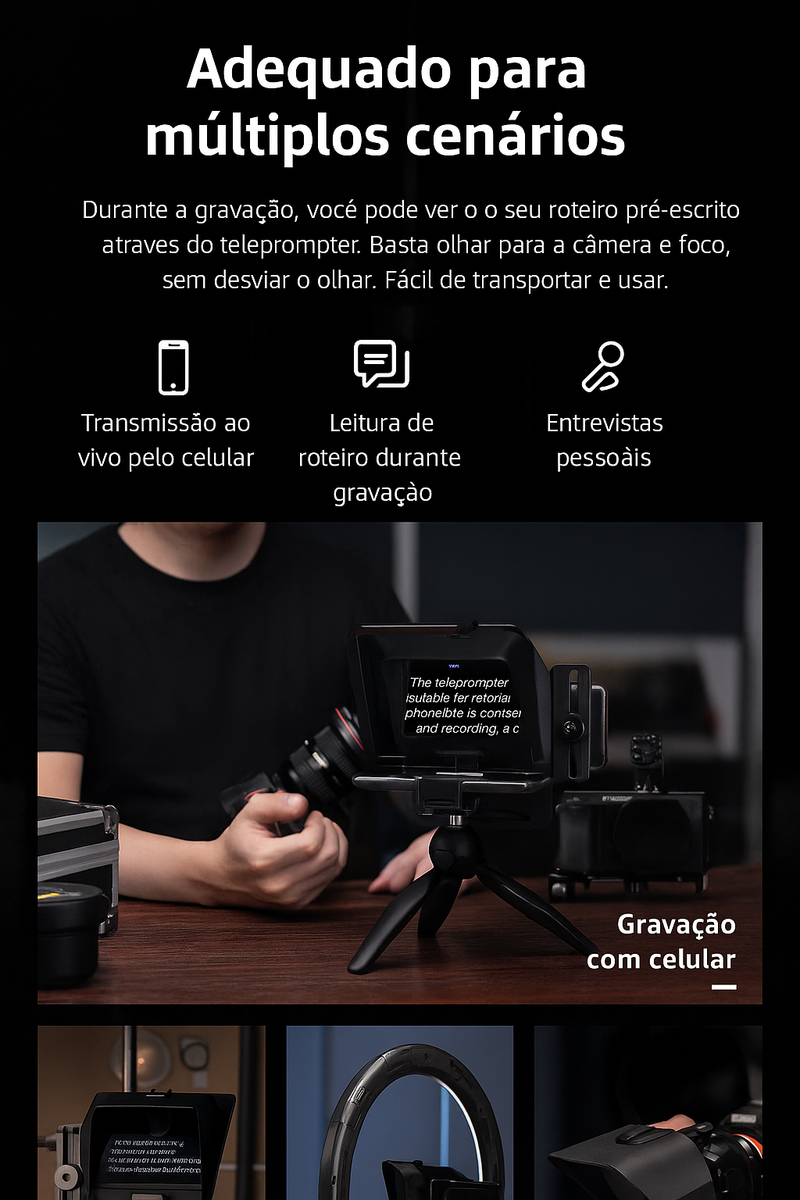 Teleprompter Pro Studio T1 Mini - Visor nítido HD, versatilidade e confiança para qualquer roteiro