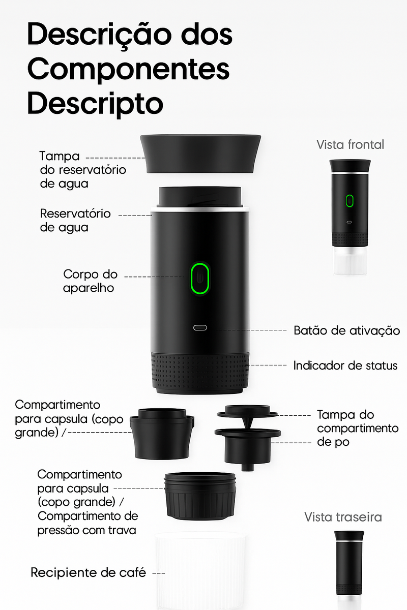 Máquina portátil de café Ballbottle - Compacta, leve e inteligente pra qualquer hora.