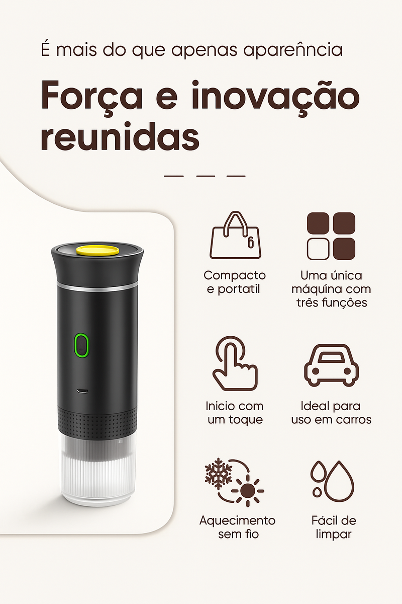 Máquina portátil de café Ballbottle - Compacta, leve e inteligente pra qualquer hora.