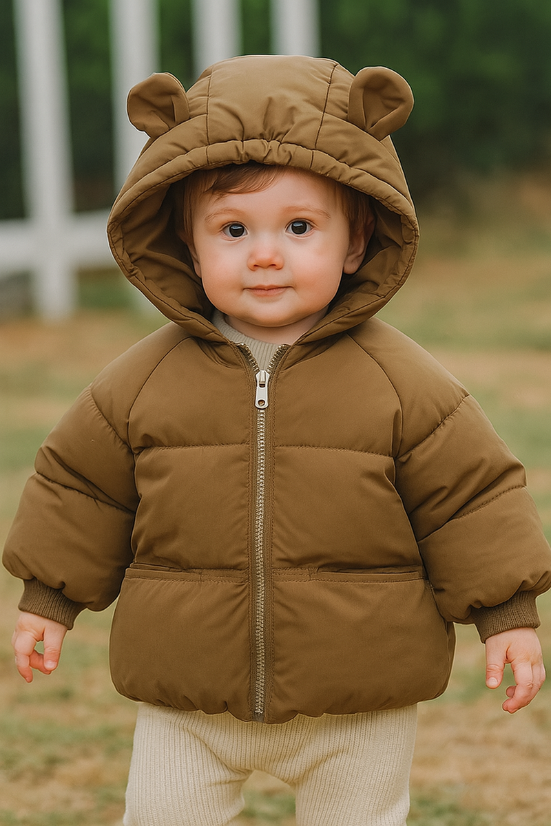 Casaco infantil Puffy Bear - Acolchoado térmico, forro peluciado e capuz com orelhinhas
