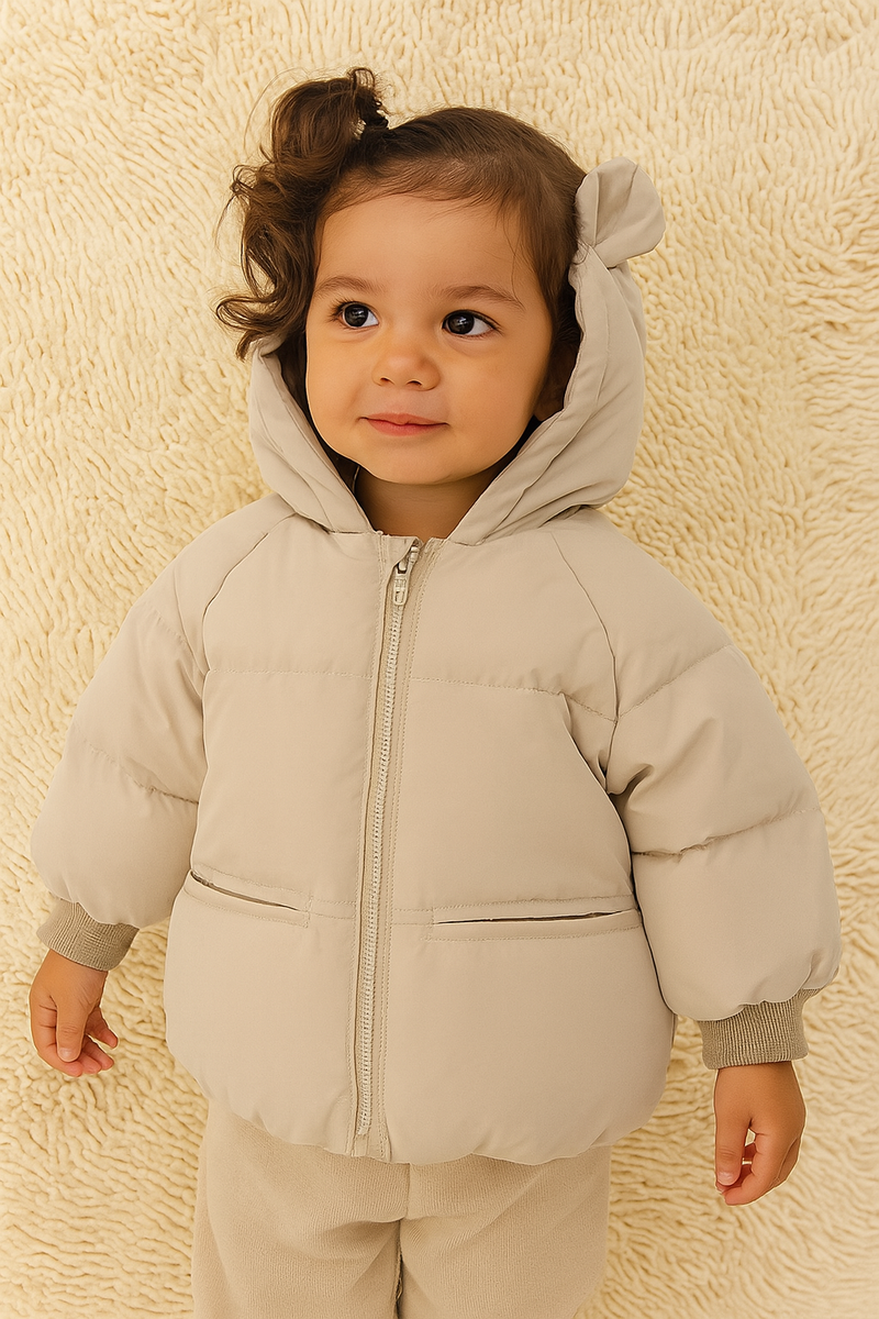 Casaco infantil Puffy Bear - Acolchoado térmico, forro peluciado e capuz com orelhinhas