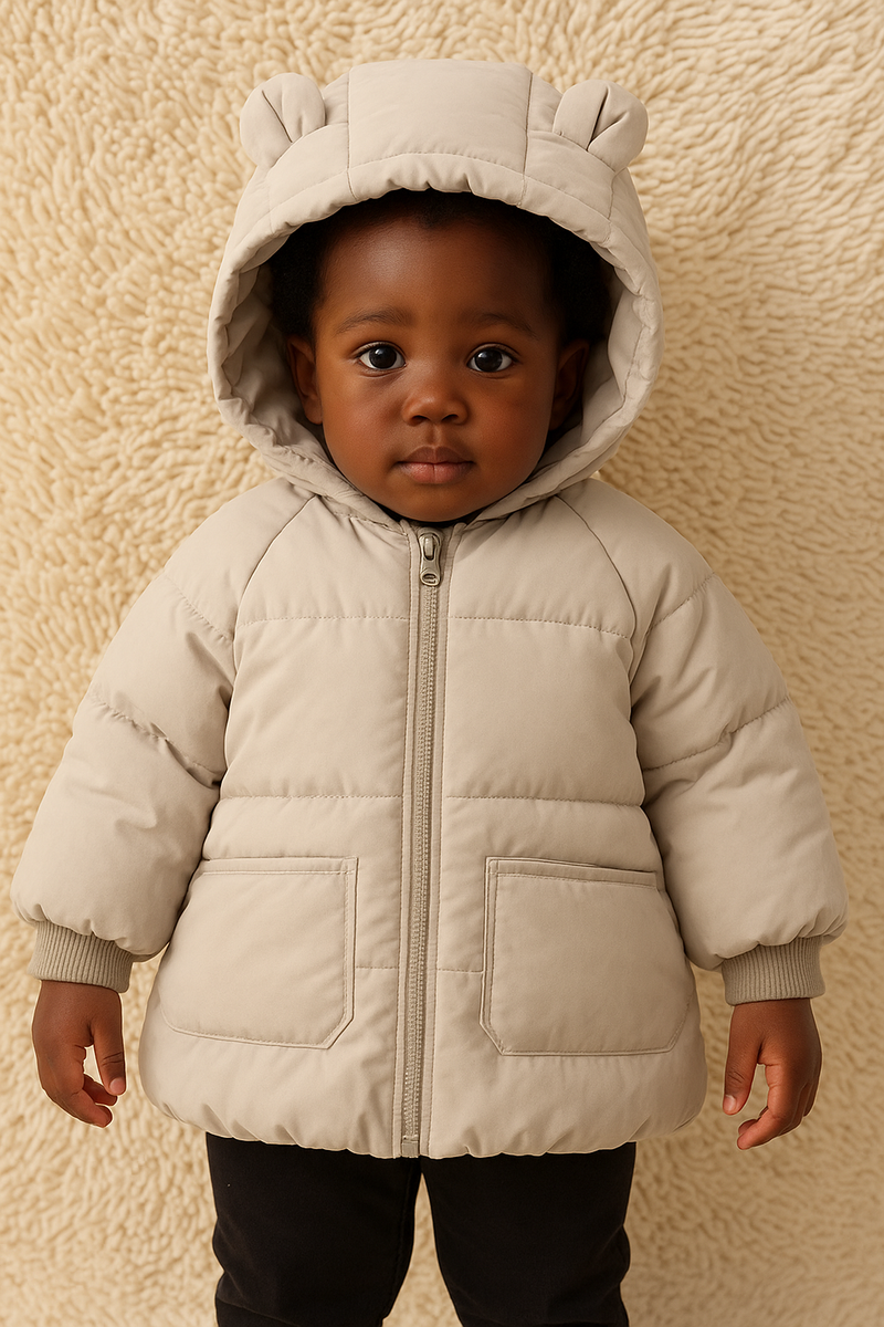 Casaco infantil Puffy Bear - Acolchoado térmico, forro peluciado e capuz com orelhinhas