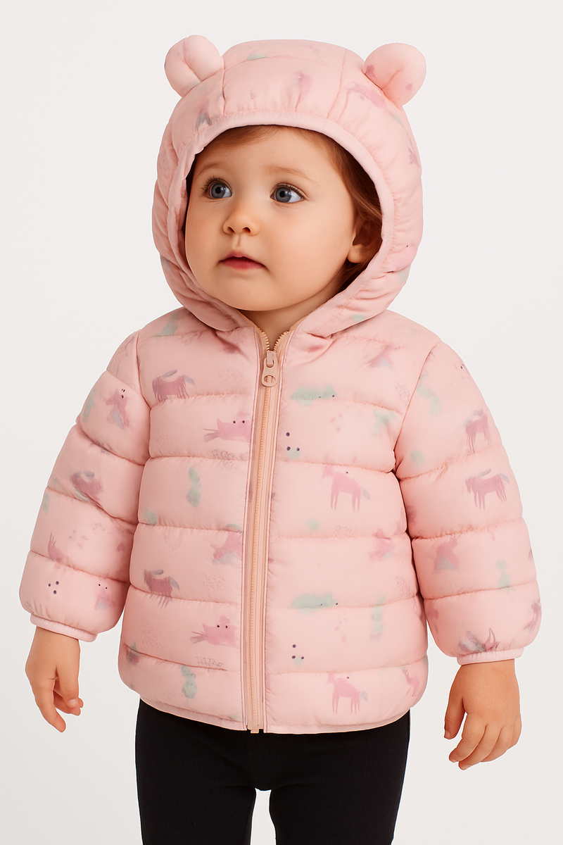 Casaco infantil Puffy Bear - Acolchoado térmico, forro peluciado e capuz com orelhinhas