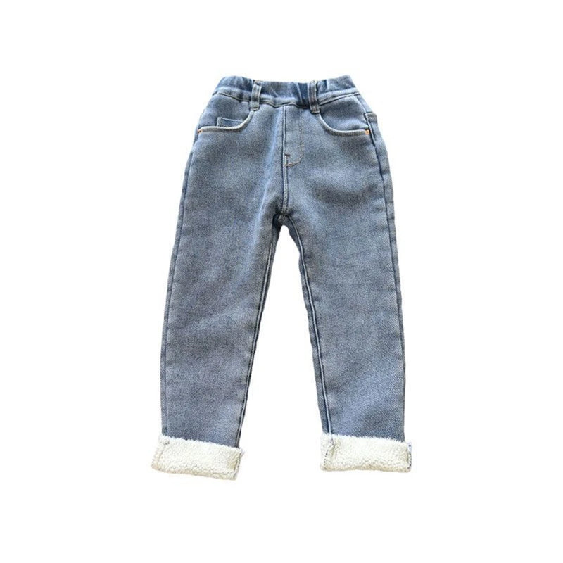 Calça infantil PeluciJeans - Forro térmico peluciado, jeans maleável, cintura elástica