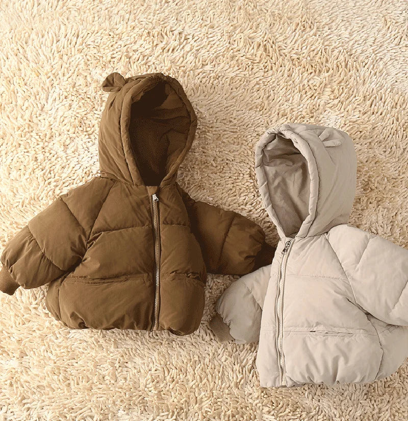 Casaco infantil Puffy Bear - Acolchoado térmico, forro peluciado e capuz com orelhinhas